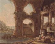 unknow artist An architectural capriccio with washerwomen by a river painting